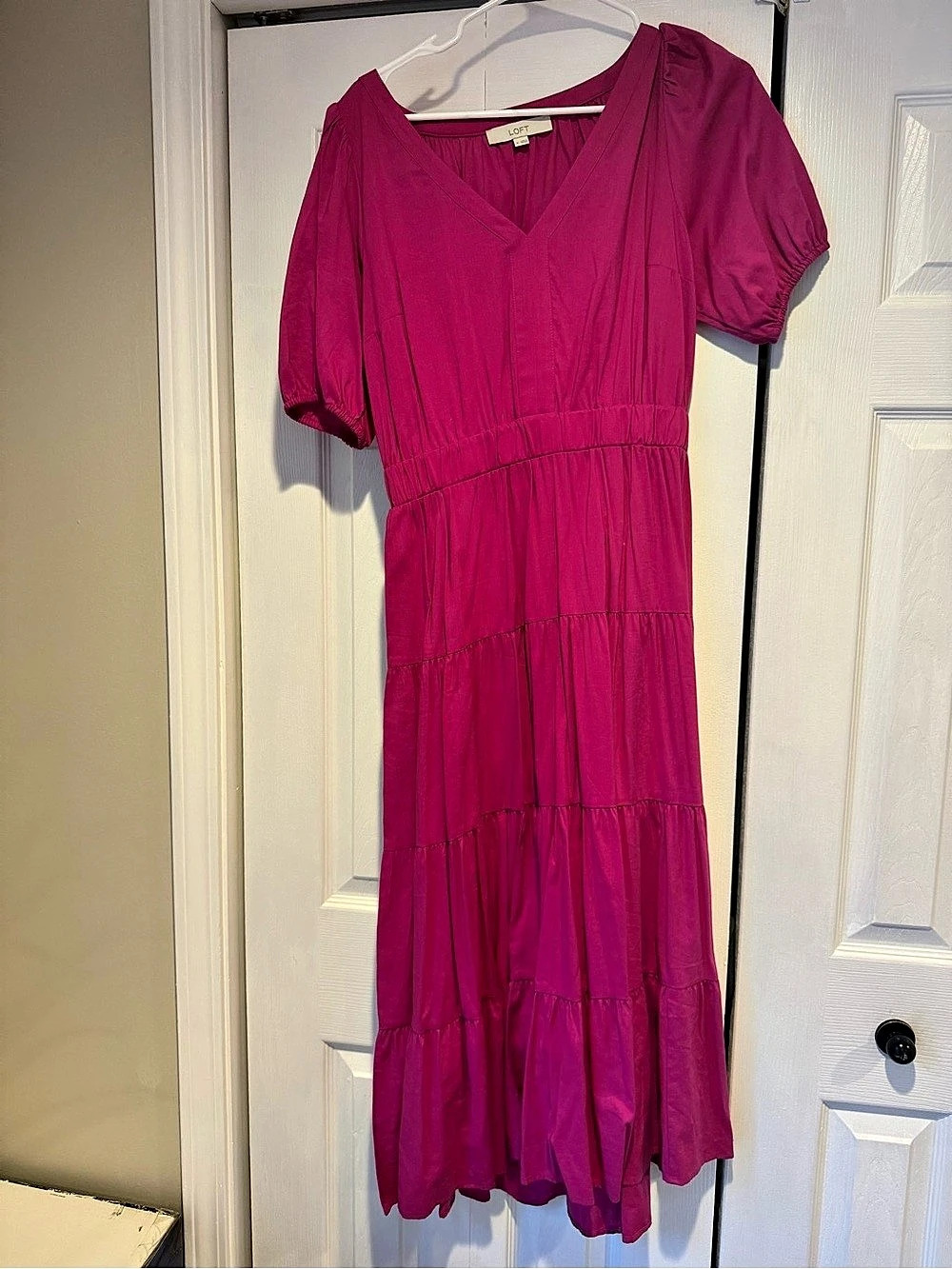 LOFT Cutout Back Tiered Midi Dress Pink Medium